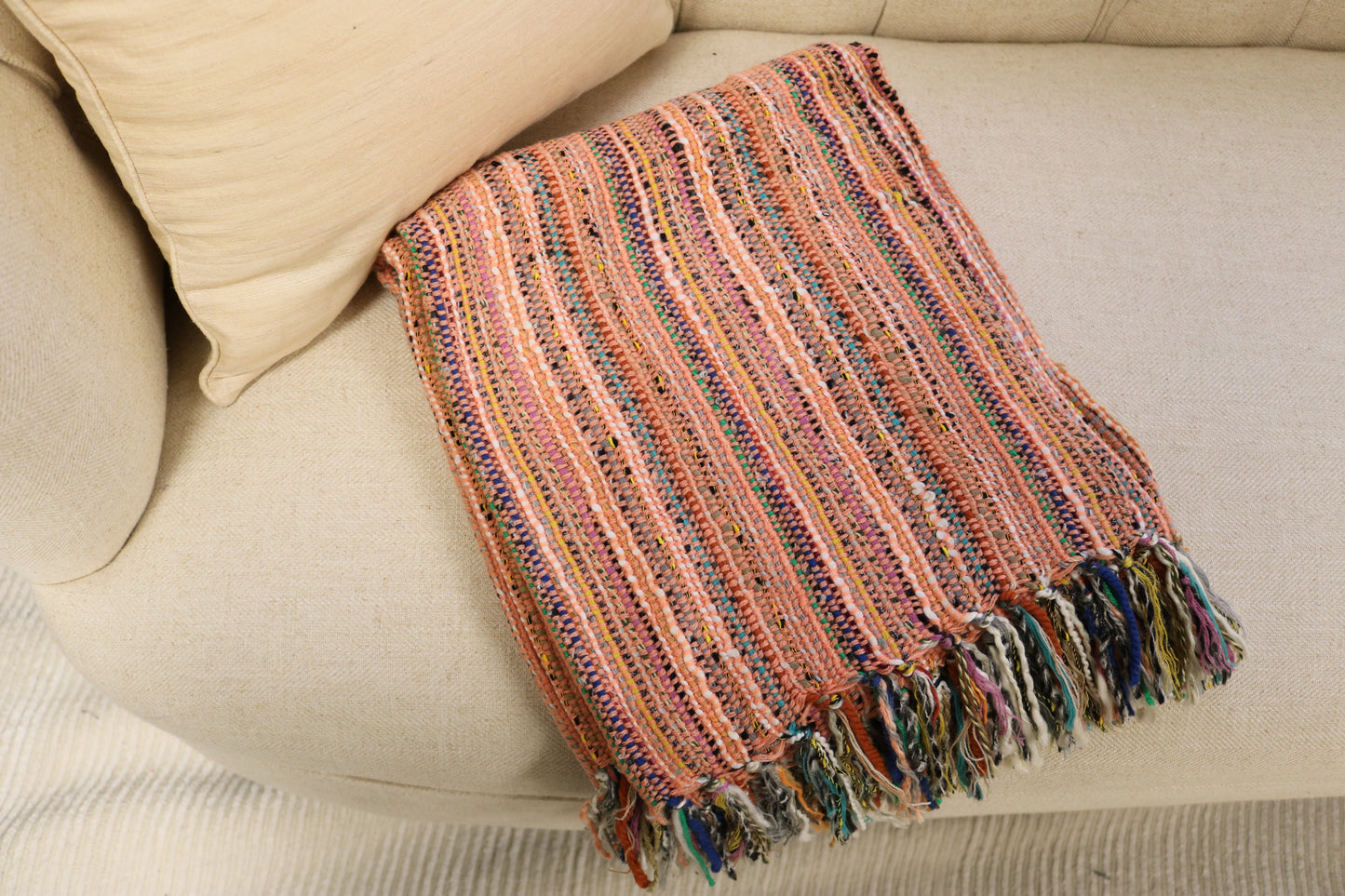 Handcrafted Wool & Cotton Throw Blanket Sunburst Peach
