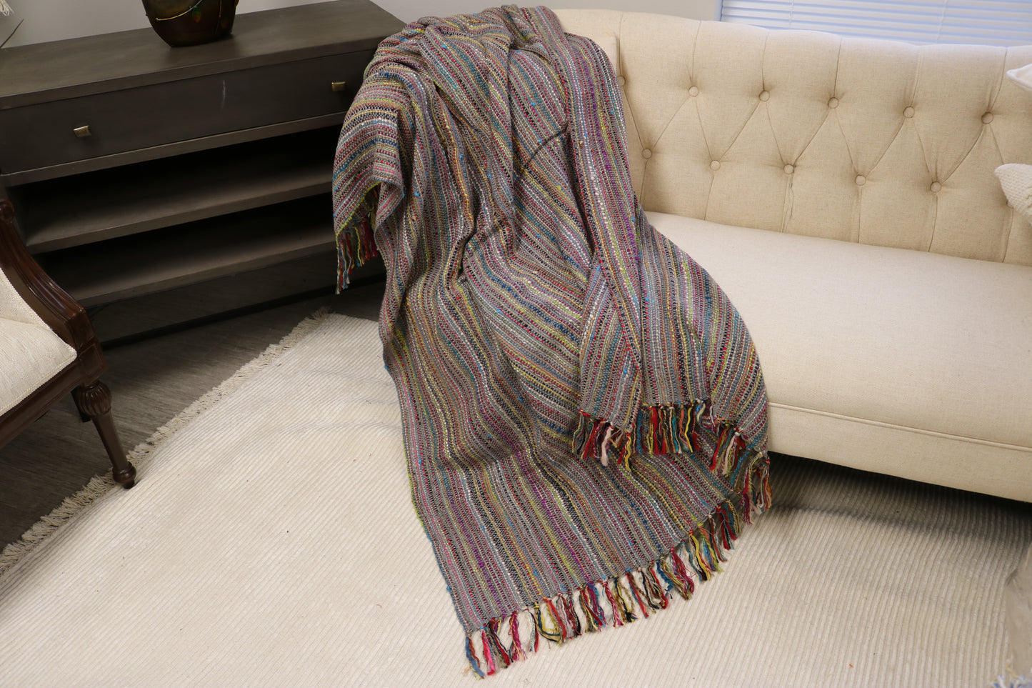 Handcrafted Wool & Cotton Throw Blanket Dark Gray