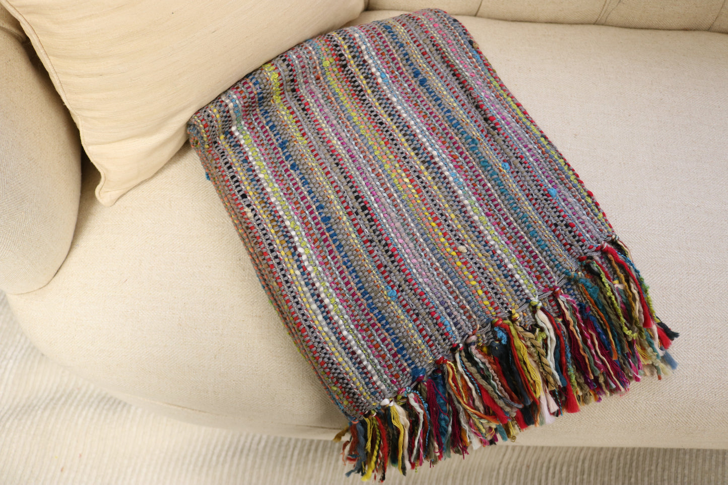 Handcrafted Wool & Cotton Throw Blanket Dark Gray