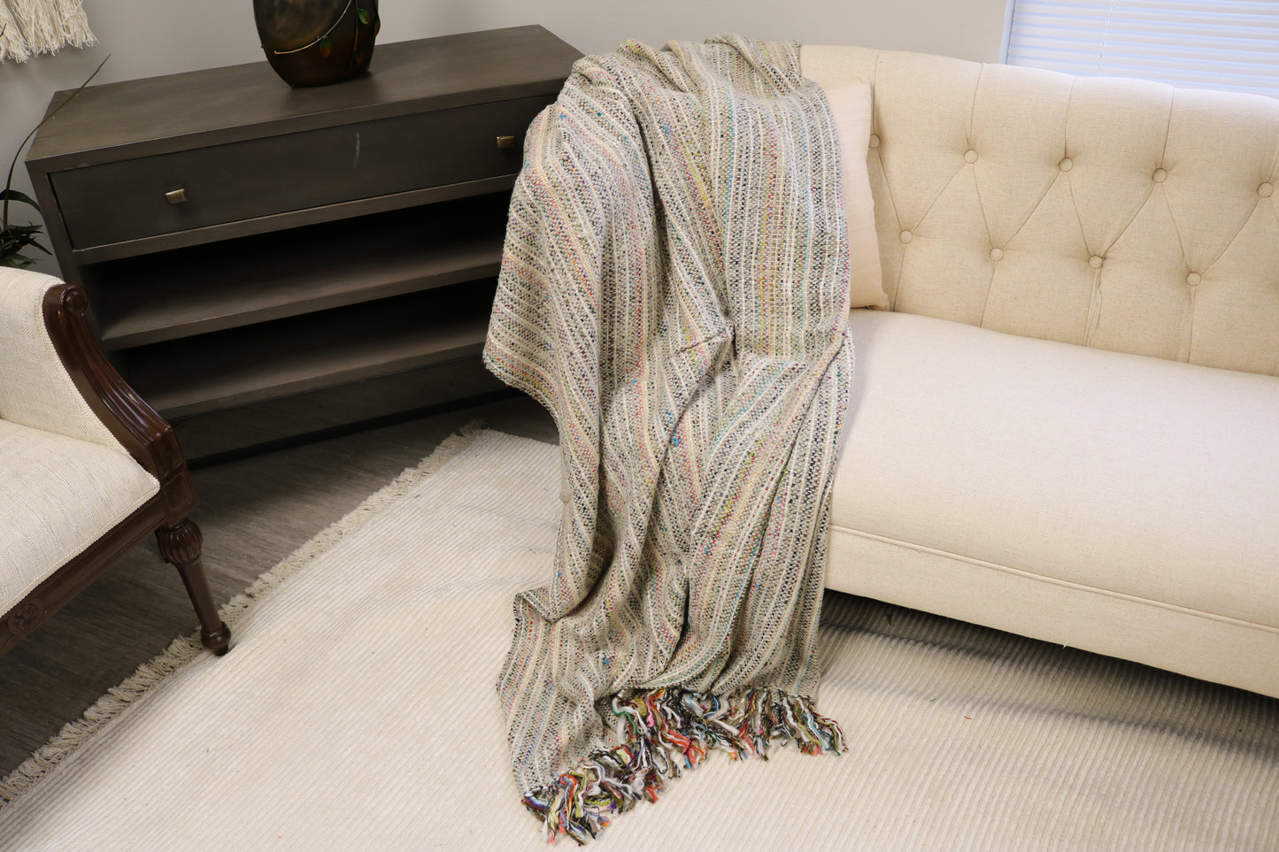 Handcrafted Wool & Cotton Throw Blanket Light Gray