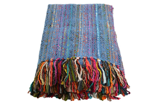 Handcrafted Wool & Cotton Throw Blanket Bright Blue