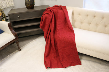 Handcrafted Wool & Cotton Throw Blanket Solid Red
