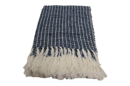 Handcrafted Wool & Cotton Throw Blanket Blue