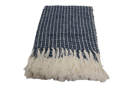 Handcrafted Wool & Cotton Throw Blanket Blue