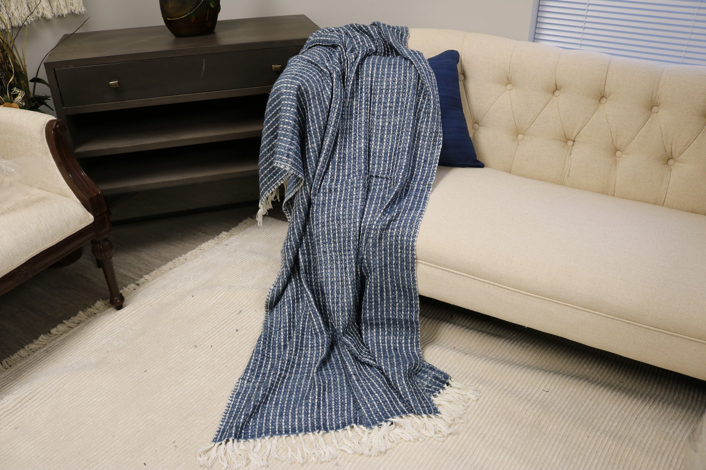 Handcrafted Wool & Cotton Throw Blanket Blue
