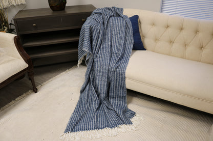 Handcrafted Wool & Cotton Throw Blanket Blue