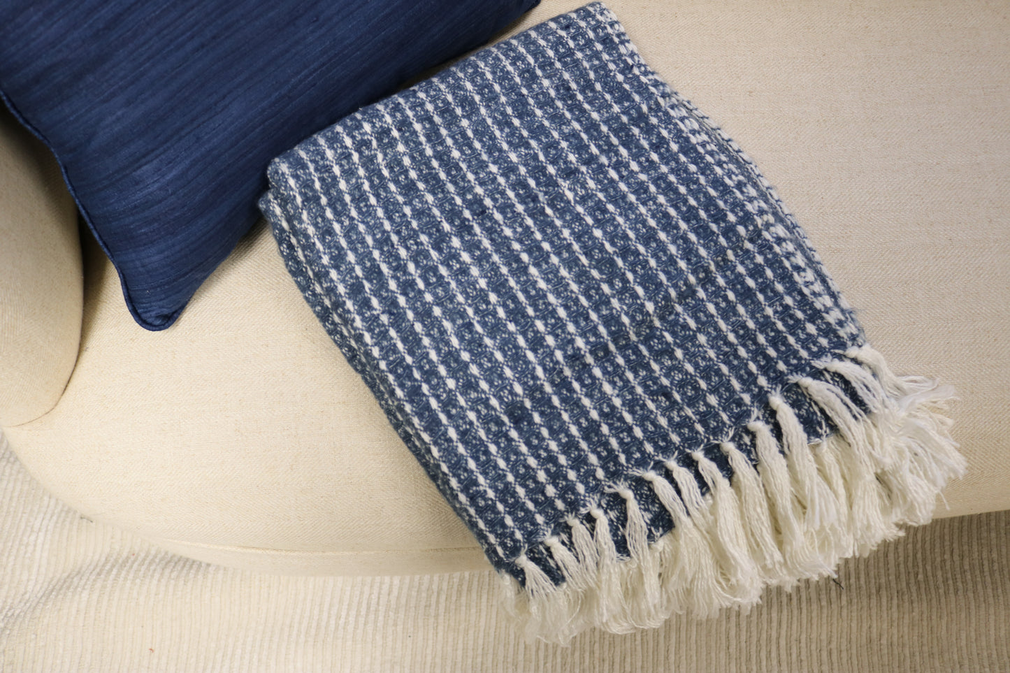 Handcrafted Wool & Cotton Throw Blanket Blue