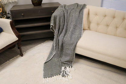 Handcrafted Wool & Cotton Throw Blanket Green