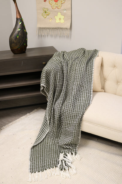Handcrafted Wool & Cotton Throw Blanket Green