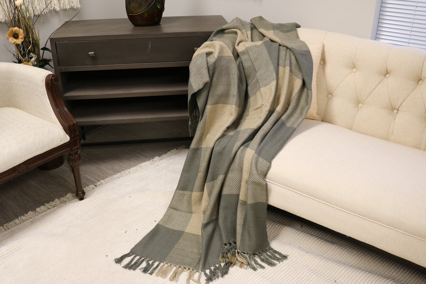 Handcrafted Wool & Cotton Throw Blanket Sage Loom