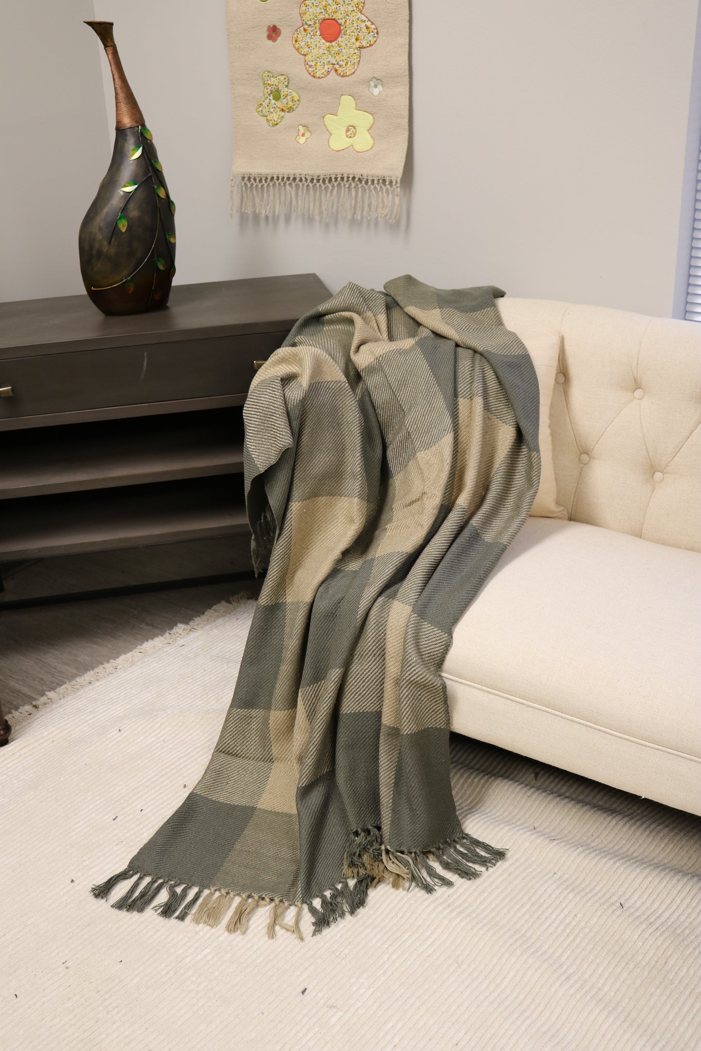 Handcrafted Wool & Cotton Throw Blanket Sage Loom