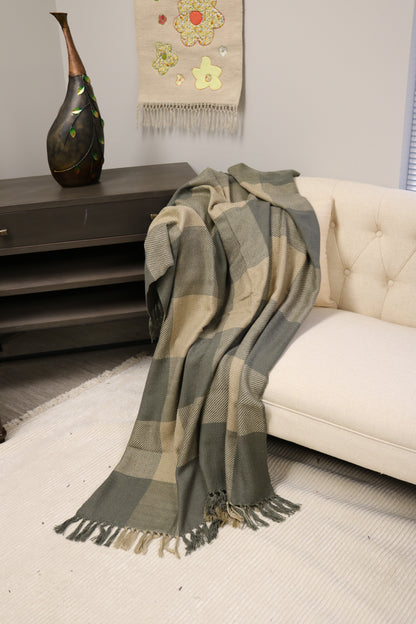 Handcrafted Wool & Cotton Throw Blanket Sage Loom