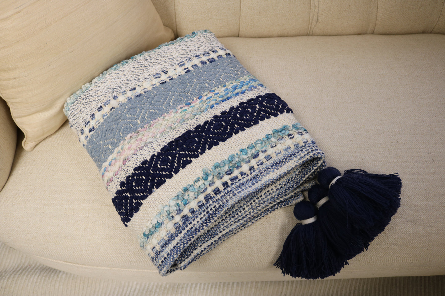 Handcrafted Wool & Cotton Throw Blanket Blue Drift