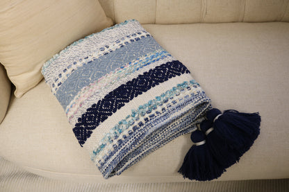 Handcrafted Wool & Cotton Throw Blanket Blue Drift