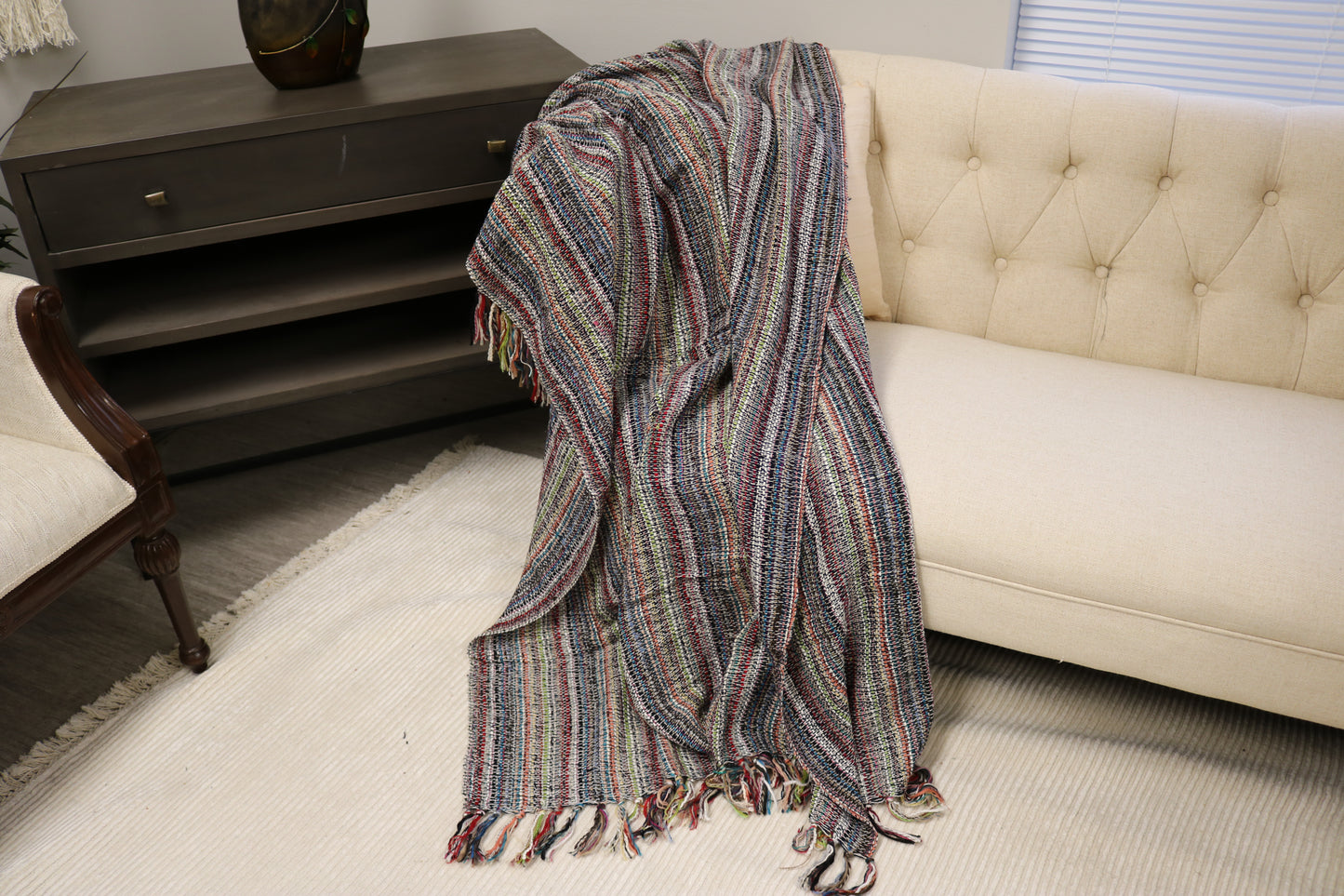 Handcrafted Wool & Cotton Throw Blanket Color Storm