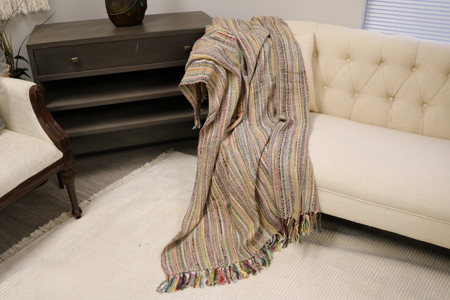 Handcrafted Wool & Cotton Throw Blanket Tan Shimmer