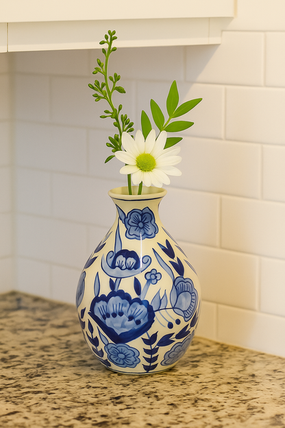 Ceramic Bottle Vase White/Blue
