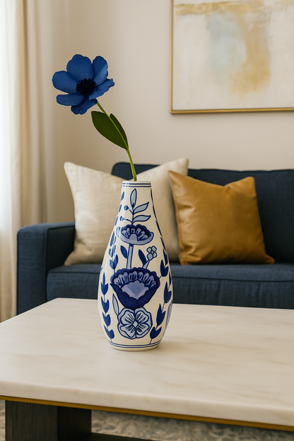 Ceramic Slim Vase White/Blue