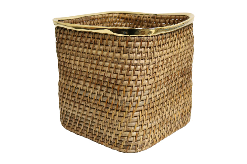 Home&Manor Medium Tall Wicker Basket with Shiny Brass Rim