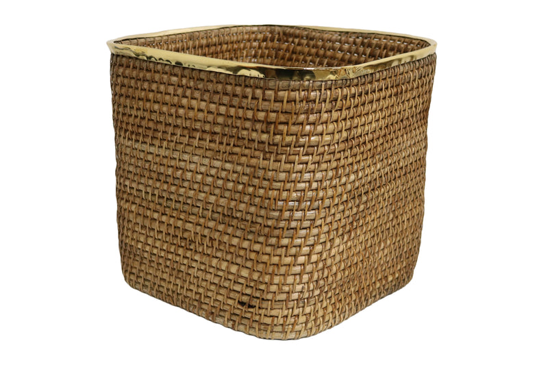 Home&Manor XL Tall Wicker Basket with Shiny Brass Rim