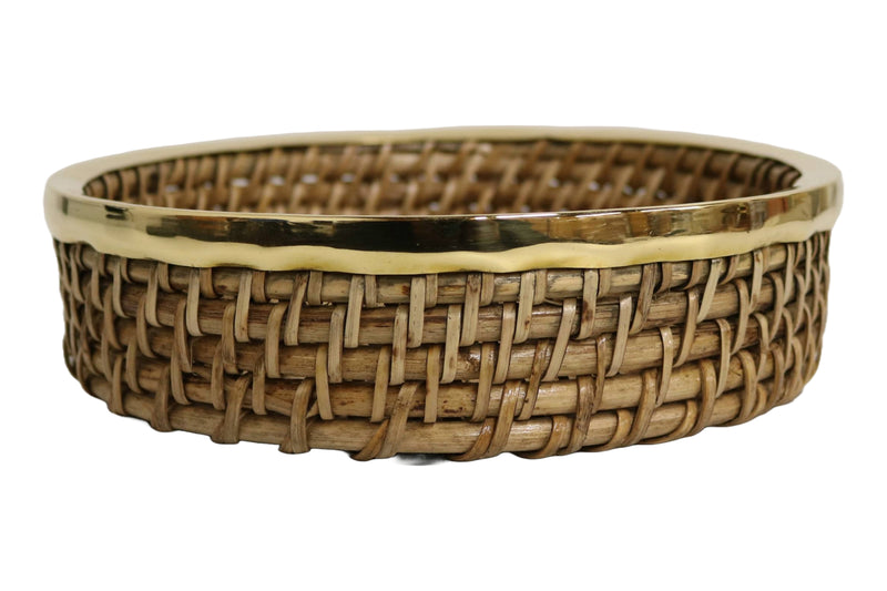 Home&Manor 8" Round Wicker Basket with Shiny Brass Rim