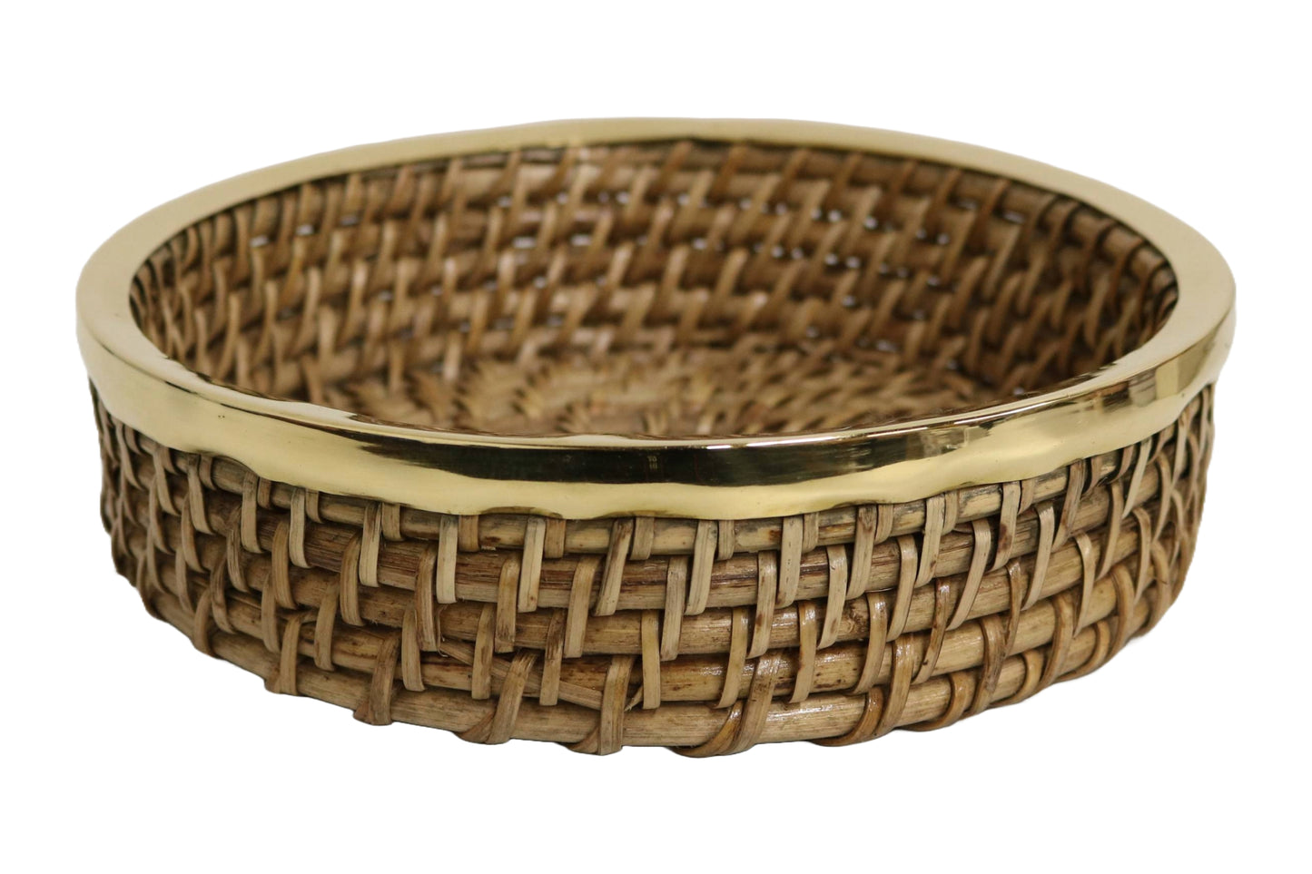Home&Manor 8" Round Wicker Basket with Shiny Brass Rim