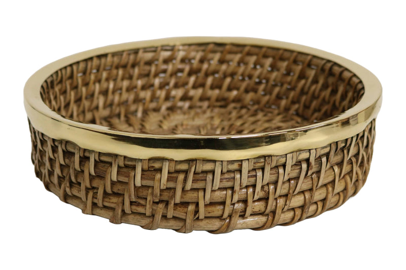 Home&Manor 8" Round Wicker Basket with Shiny Brass Rim