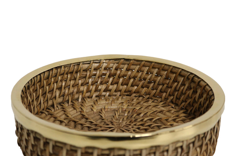 Home&Manor 8" Round Wicker Basket with Shiny Brass Rim