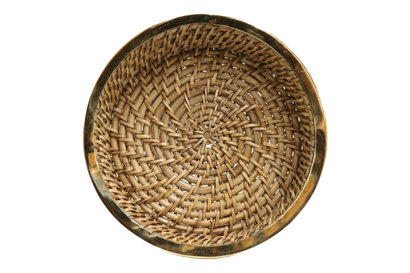 Home&Manor 8" Round Wicker Basket with Shiny Brass Rim