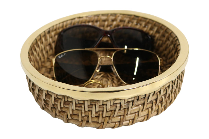 Home&Manor 8" Round Wicker Basket with Shiny Brass Rim