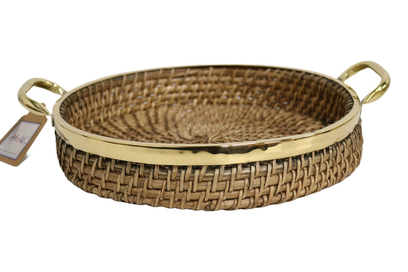 Home&Manor 12" Round Wicker Basket with Shiny Brass Rim and Handles