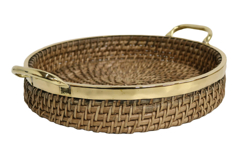 Home&Manor 12" Round Wicker Basket with Shiny Brass Rim and Handles