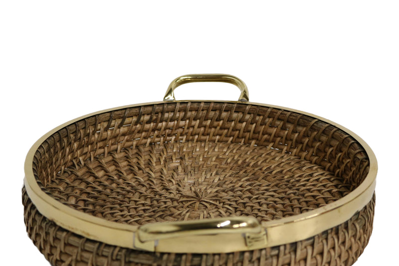 Home&Manor 12" Round Wicker Basket with Shiny Brass Rim and Handles