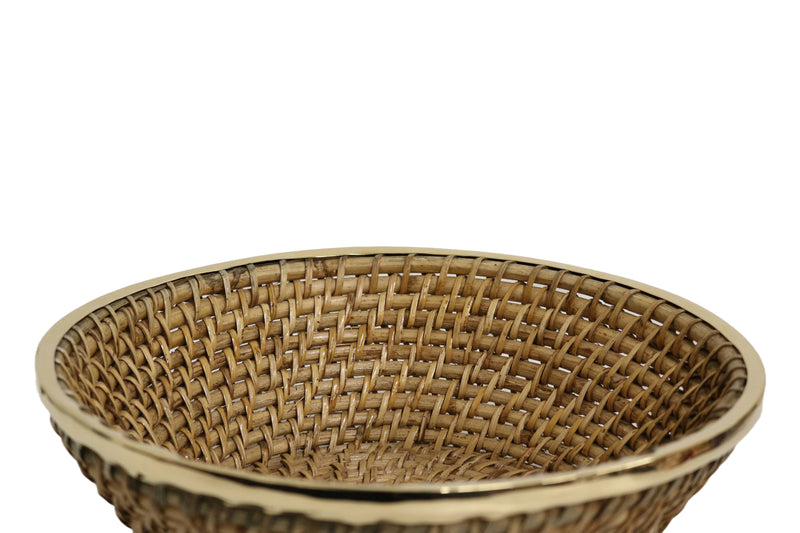 Home&Manor 12" Hacter Round Fruit Wicker Basket with Shiny Brass Rim