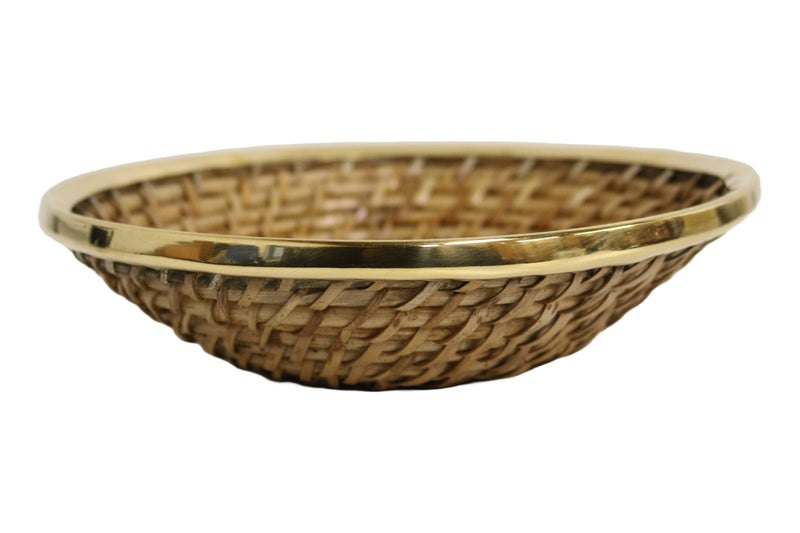 Home&Manor 8" Medium Wicker Round Fruit Basket with Shiny Brass Rim