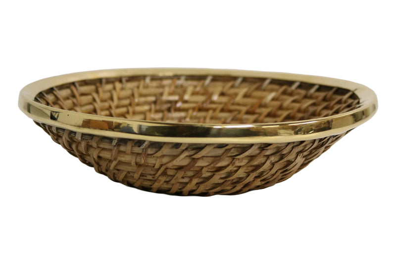 Home&Manor 8" Medium Wicker Round Fruit Basket with Shiny Brass Rim