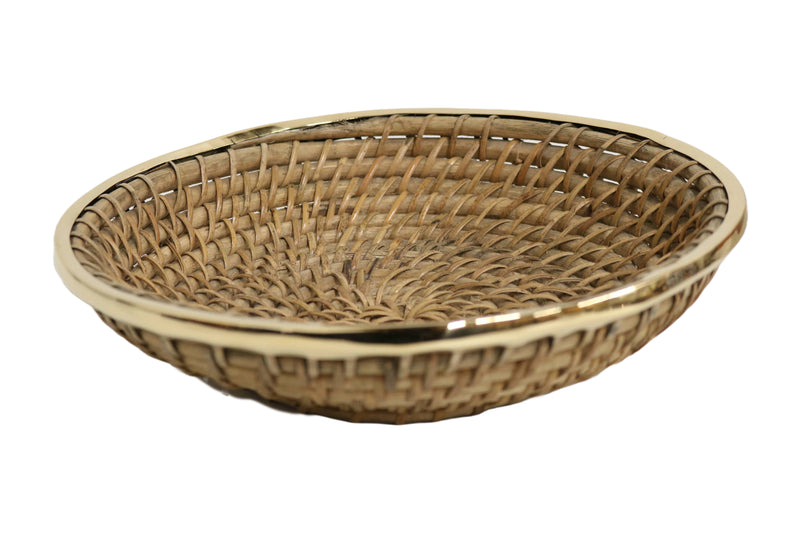 Home&Manor 10" Large Wicker Round Fruit Basket with Shiny Brass Rim