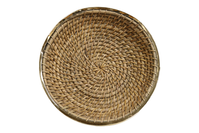 Home&Manor 10" Large Wicker Round Fruit Basket with Shiny Brass Rim