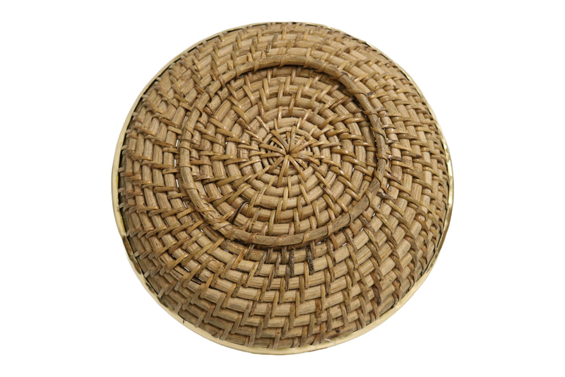 Home&Manor 10" Large Wicker Round Fruit Basket with Shiny Brass Rim