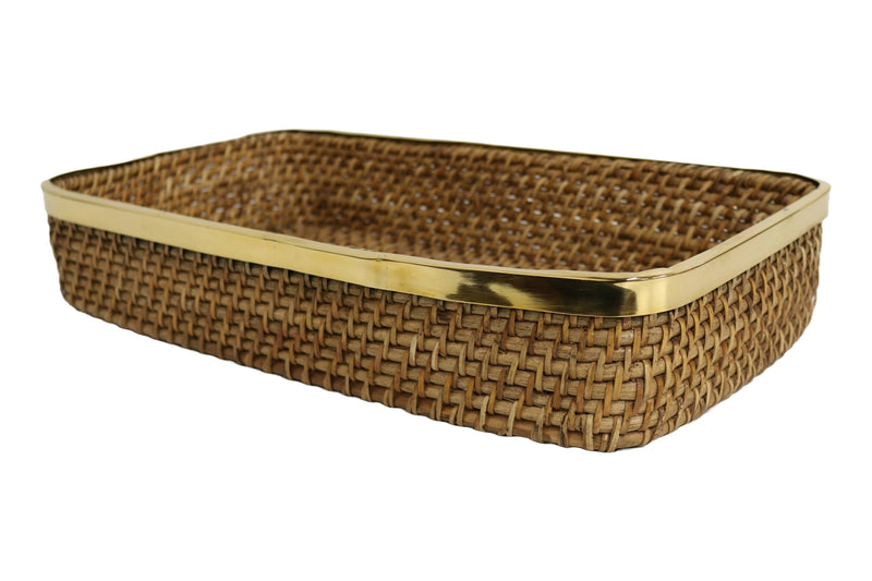 Home&Manor 18" Rectangular Wicker Basket with Shiny Brass Rim