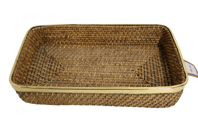 Home&Manor 18" Rectangular Wicker Basket with Shiny Brass Rim