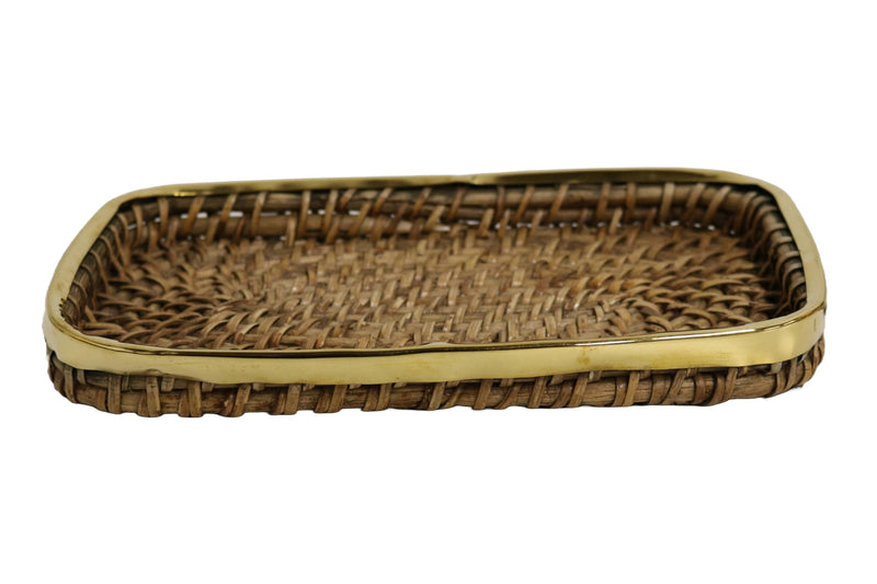 Home&Manor 10" Rectangular Wicker Fruit Basket with Shiny Brass Rim