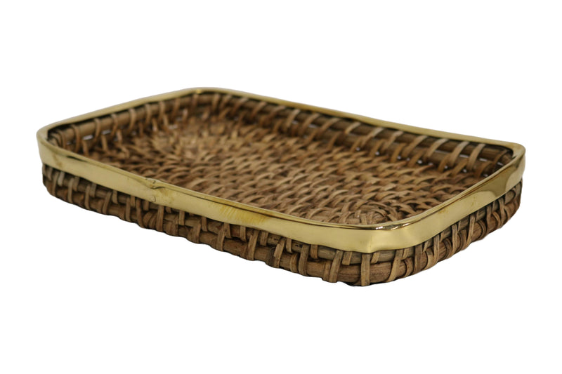 Home&Manor 10" Rectangular Wicker Fruit Basket with Shiny Brass Rim