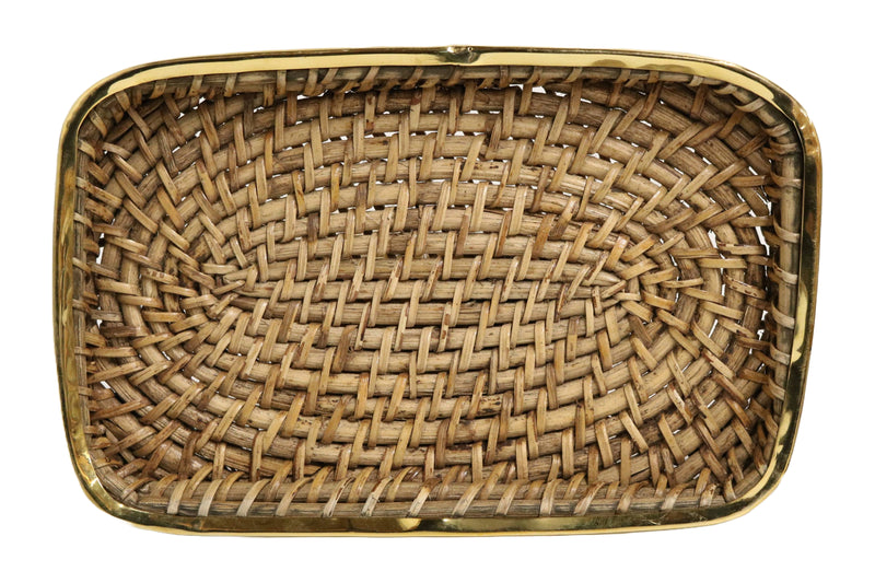 Home&Manor 10" Rectangular Wicker Fruit Basket with Shiny Brass Rim