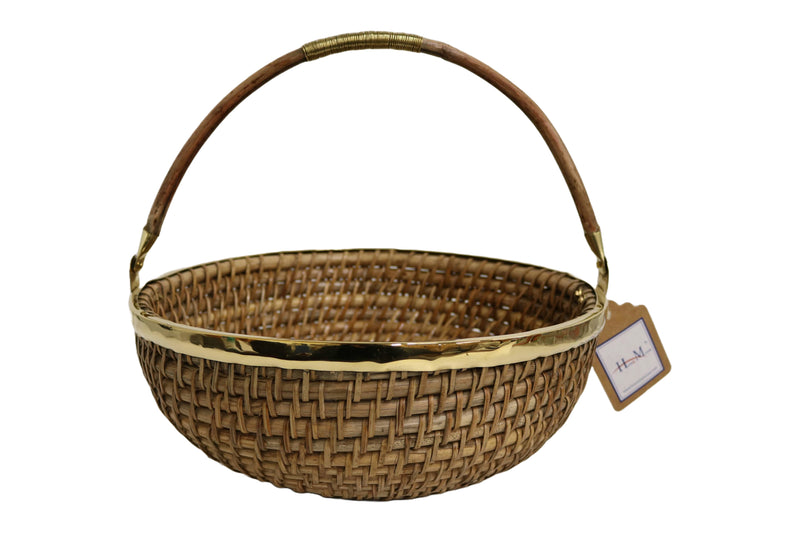 Home&Manor 12" Round Deep Wicker Basket with Handle and Shiny Brass Rim