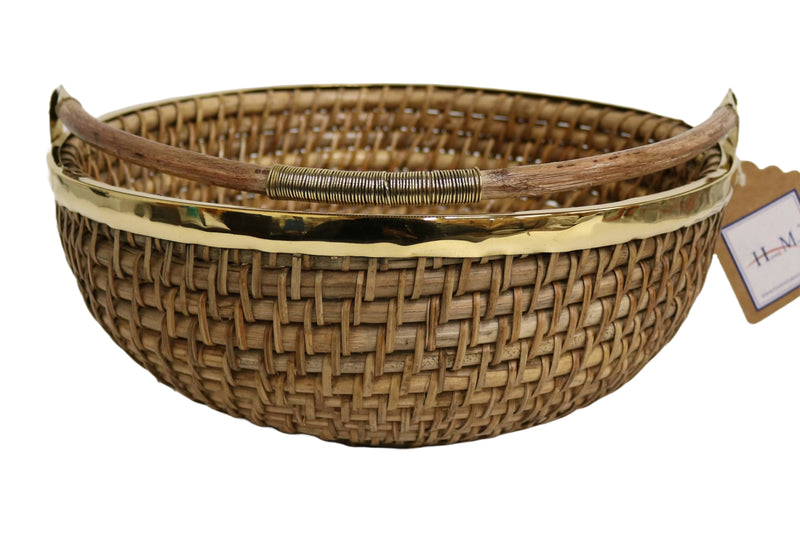 Home&Manor 12" Round Deep Wicker Basket with Handle and Shiny Brass Rim