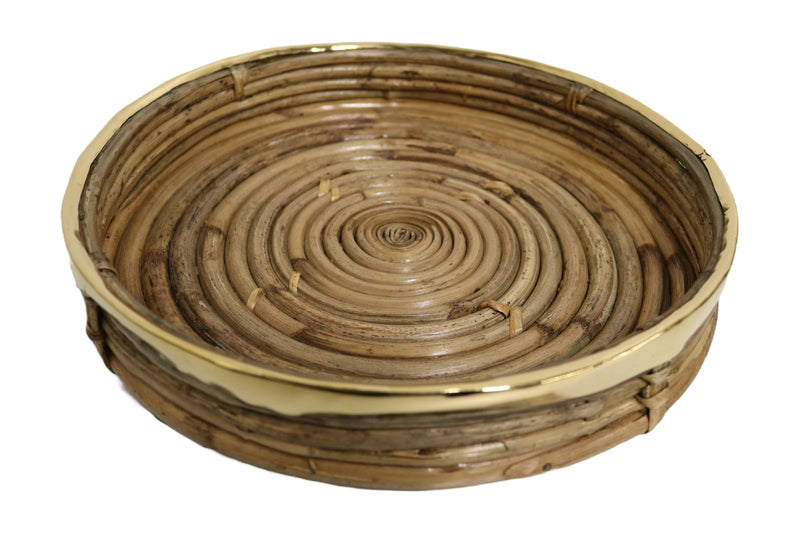 Home&Manor 12" Cane Round Tray with Brass Rim