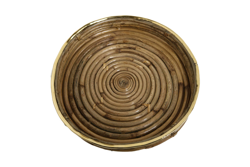 Home&Manor 12" Cane Round Tray with Brass Rim