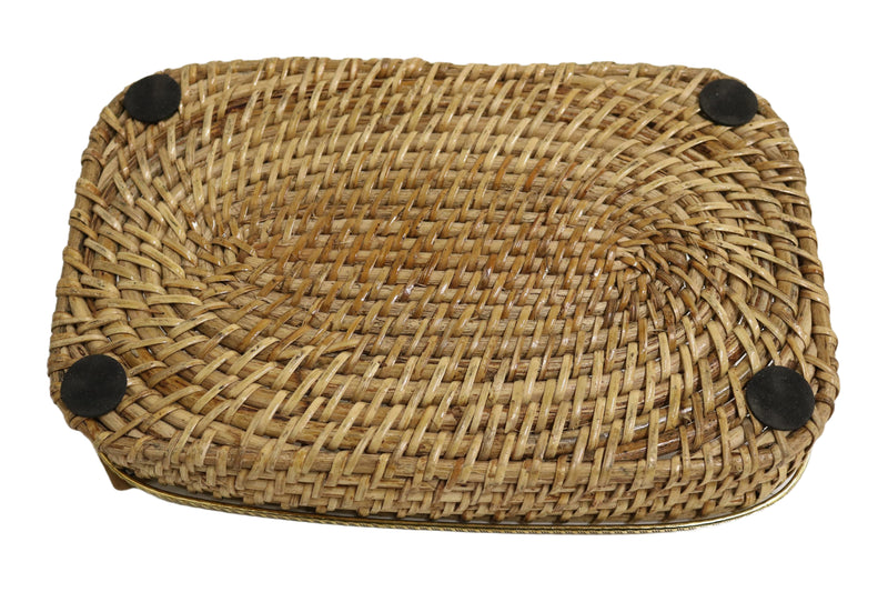 Home&Manor 12" Small Rectangular Brass Bordered Rattan Tray