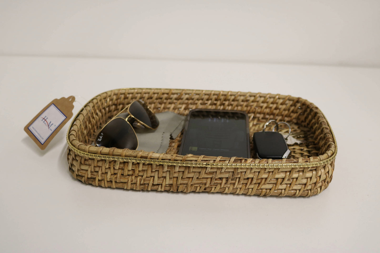 Home&Manor 12" Small Rectangular Brass Bordered Rattan Tray